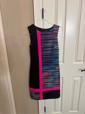 Joseph Ribkoff Black Dress with Hot Pink Stripe and Multicolor Wave Print